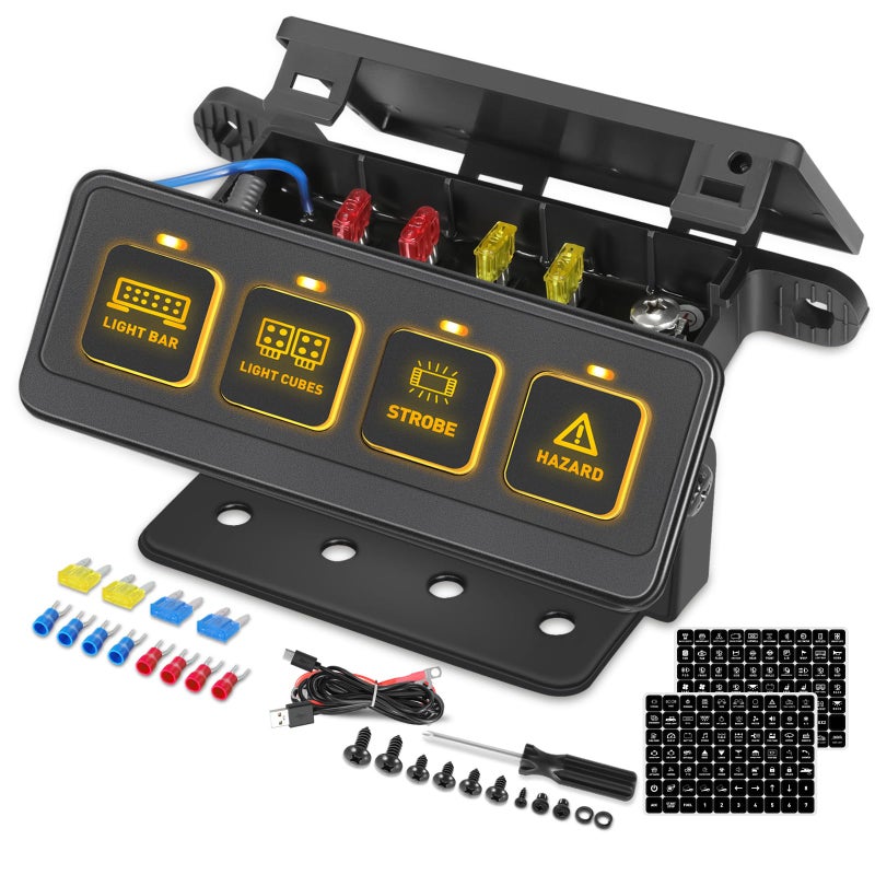 Wireless 4 Gang Switch Panel MutoBeam Multifunction Remote Control Switch Panel Auxiliary Universal Circuit Control Box with 4 Modes Strobe Memory Relay System for Truck SXS UTV ATV Car RV Boat